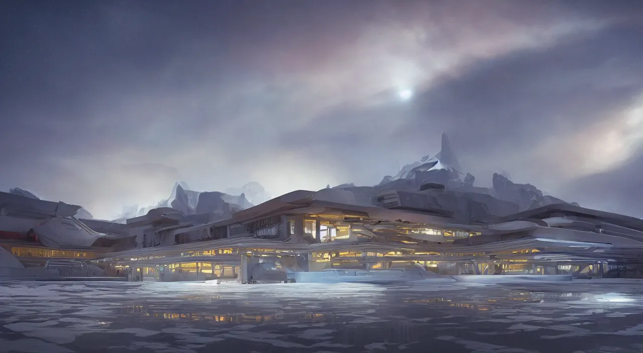 Image similar to a matte painting of Arctic station by Frank Lloyd Wright and Zaha Hadid torch volume light stylized illustration digital airbrush painting, 3d rim light, hyperrealistic masterpiece, artstation, cgsociety, kodakchrome, golden ratio