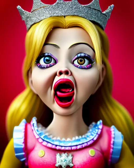 Image similar to closeup profile portrait of a tin toy ivanka trump screaming as a fairytale princess chucky doll wearing a crown and eating cakes, bikini, hyper realistic, artstation, illustration, nicoletta ceccoli, mark ryden, lostfish, max fleischer, digital paint, matte paint, vivid colors, bright, cheerful, detailed and intricate environment