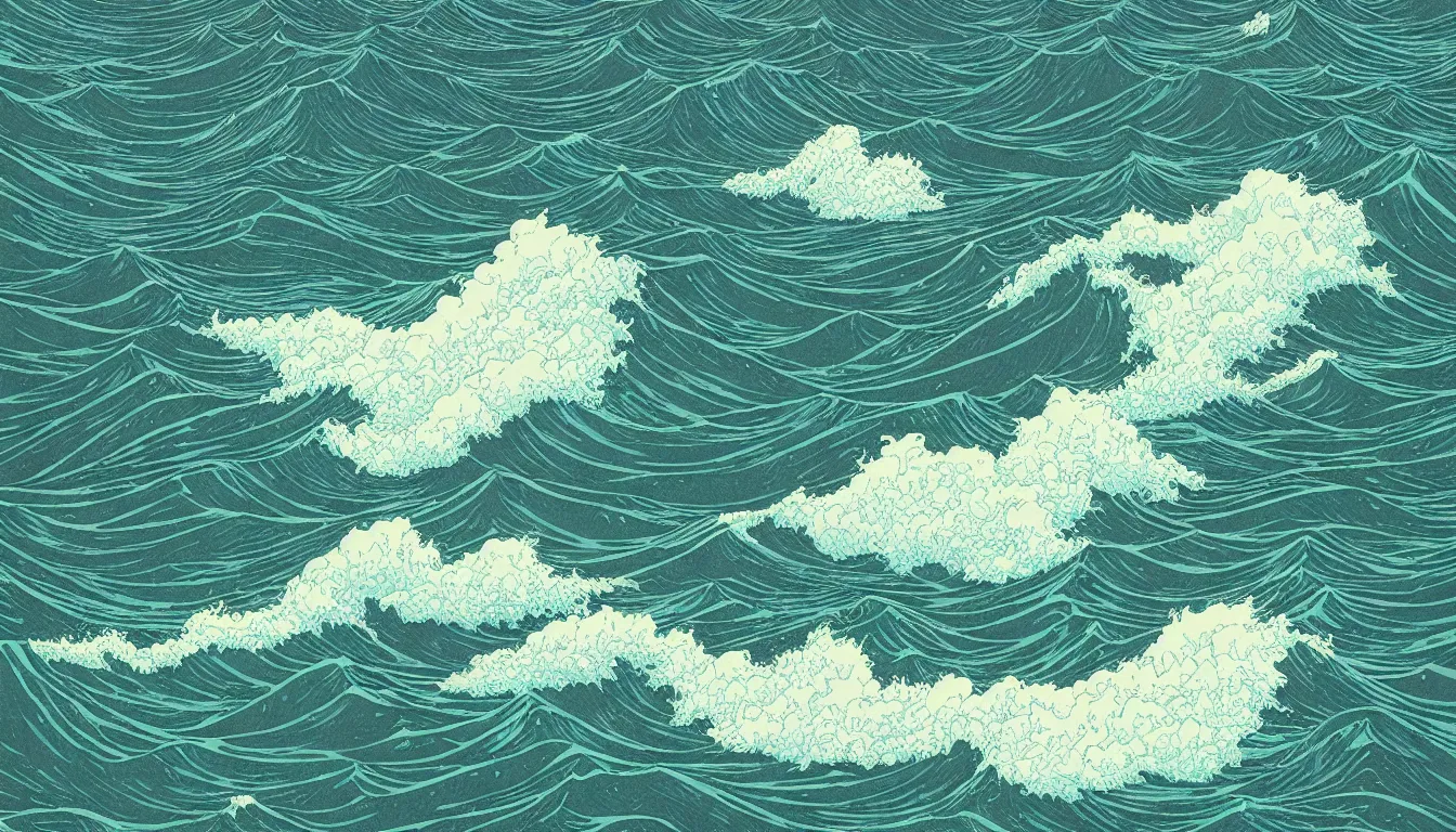 Prompt: huge waves far out at sea drawing by Victo Ngai, minimalist, detailed, land in sight, kilian eng, josan gonzalez