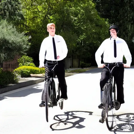 Image similar to two mormon missionaries, on bikes, with crow heads, black suits white shirts, crow heads, heads look like crows