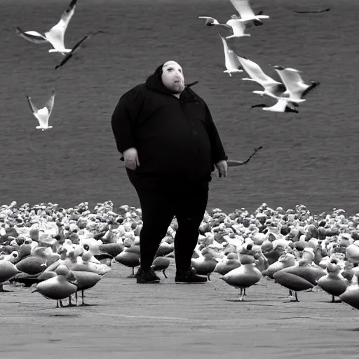 Image similar to a fat man eating a bagel while seagulls yell at him, award winning photograph, 8k,