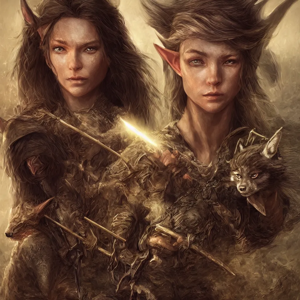 Prompt: Photorealistic cinematic close-up portrait of only one powerful angry female D&D elf ranger, holding a longbow, with a pet wolf, by Larry Elmore and Steven Belledin . Magical occult photorealism, UHD, amazing depth, glowing, golden ratio, 3D octane cycle unreal engine 5, volumetric lighting, cinematic lighting, cgstation artstation concept art