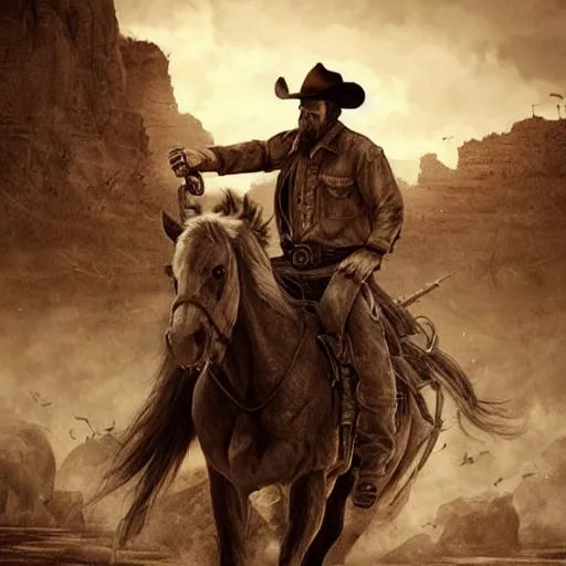 Image similar to a last stand of a cowboy, DeviantArt, art station, illustration, highly detailed, artwork, cinematic, hyper realistic