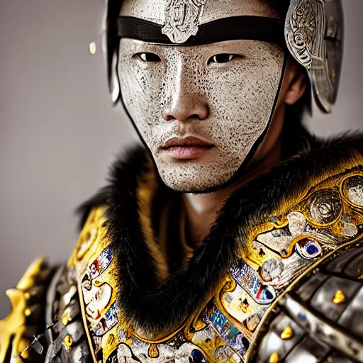 Prompt: a portrait of a beautiful young mongolian male wearing an alexander mcqueen armor , photographed by andrew thomas huang, artistic