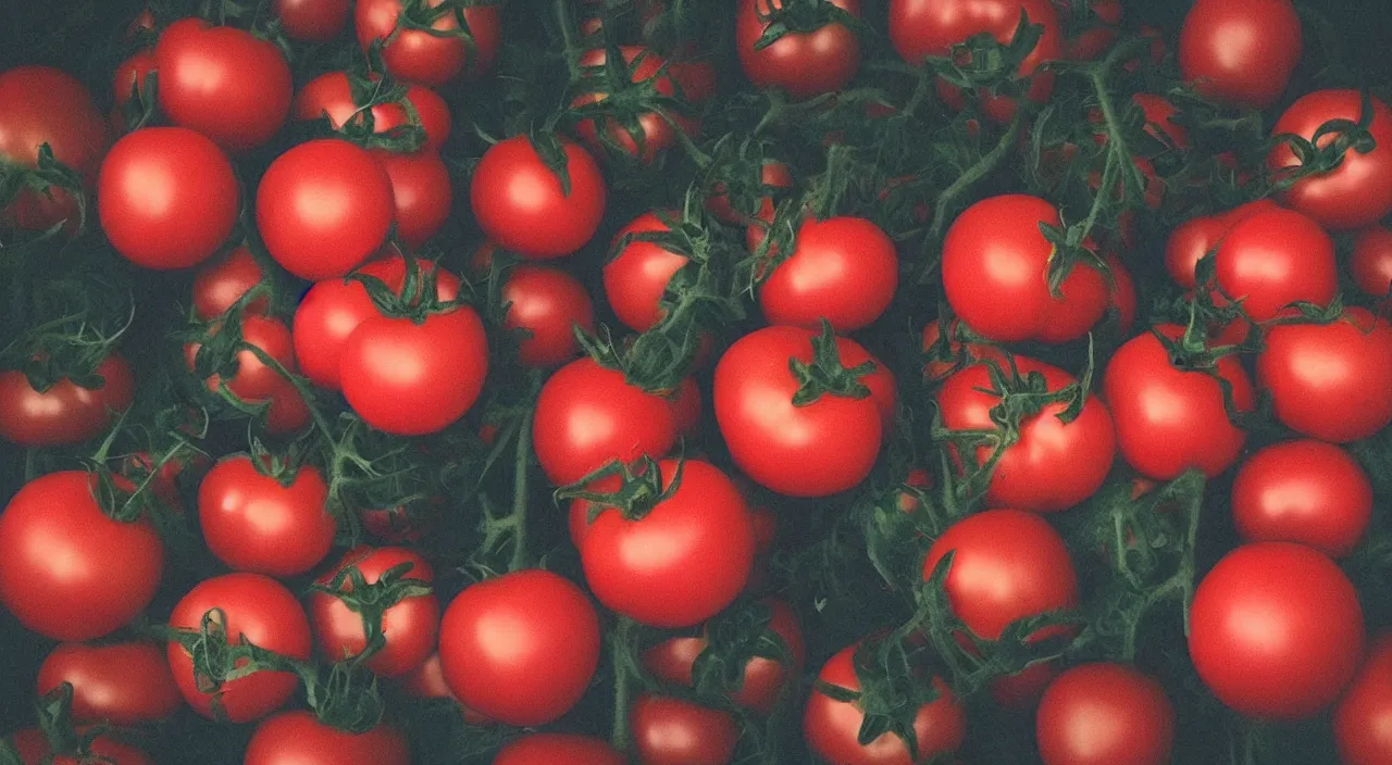 Prompt: “ a frighteningly red tomato, too red, glowing with an unearthly intensity, halos of light ”