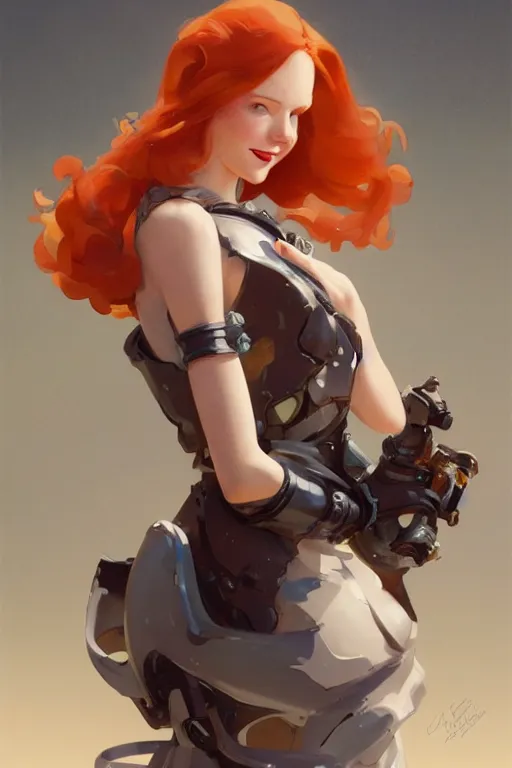 Image similar to concept art of curvacious redhead cyborg woman softly smiling at camera wearing 🩳 and 👕 illustration by sargent and leyendecker, studio ghibli, fantasy, medium shot, asymmetrical, intricate, elegant, matte painting, illustration, hearthstone, by rhads by greg rutkowski, by greg tocchini, by james gilleard, by joe fenton