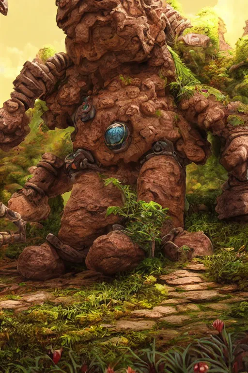 Image similar to zelda fantasy art giant golem troll wood rock greeble gemstone, global illumination ray tracing hdr fanart arstation by sung choi and eric pfeiffer and gabriel garza and casper konefal