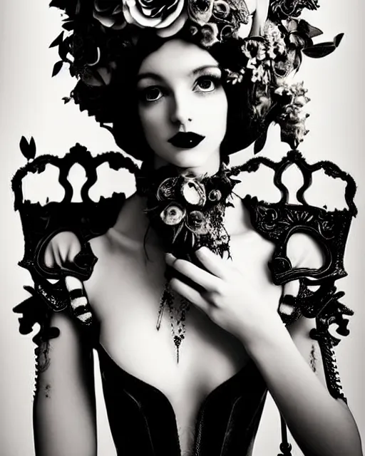 Image similar to a black and white high quality dreamy photo of a young beautiful female queen-pale dragon-vegetal-many big steampunk flowers-cyborg bust with a very long neck, elegant, highly detailed, poetic, soft, dreamy, mysterious, high fashion, rim light, in the style of Ellen von Unwerth, Realistic, Refined, Digital Art, Highly Detailed, Cinematic Lighting, rim light, black and white, photo-realistic, 8K
