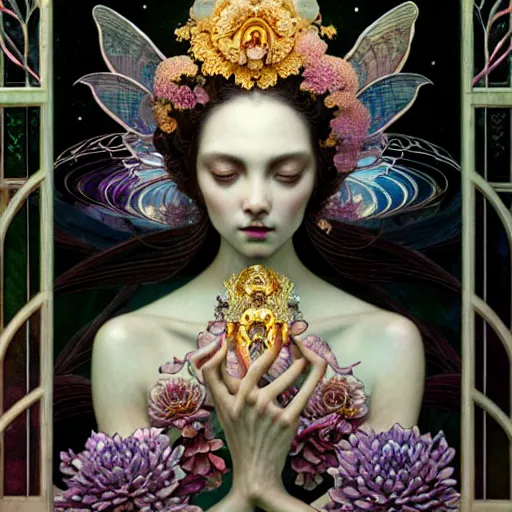 Image similar to a beautiful empress, intricate, elegant, hyper detailed, finely detailed beautiful angelic symmetry face delicate, smooth, sharp focus, award - winning, masterpiece, in bloom greenhouse, shining light came in through the window, style of tom bagshaw, cedric peyravernay, peter mohrbacher, louis comfort tiffany, victo ngai, 4 k hd illustrative wallpaper