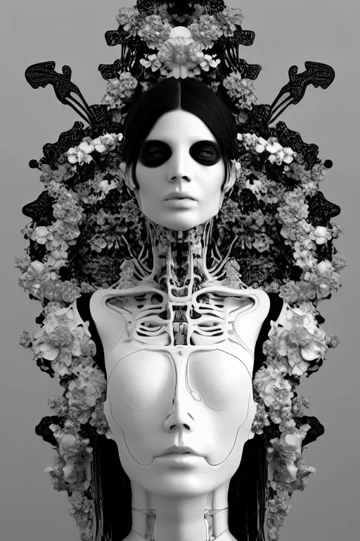 Prompt: black and white 3 d render, biomechanical female cyborg with a porcelain translucent profile face and a big floral eyes, analog, big leaves foliage and stems, morning glory flowers, hibiscus flowers, boho floral vines, sinuous fine roots, fine filigree foliage lace, alexander mcqueen, earring, art nouveau fashion embroidered, steampunk, mandelbrot fractal
