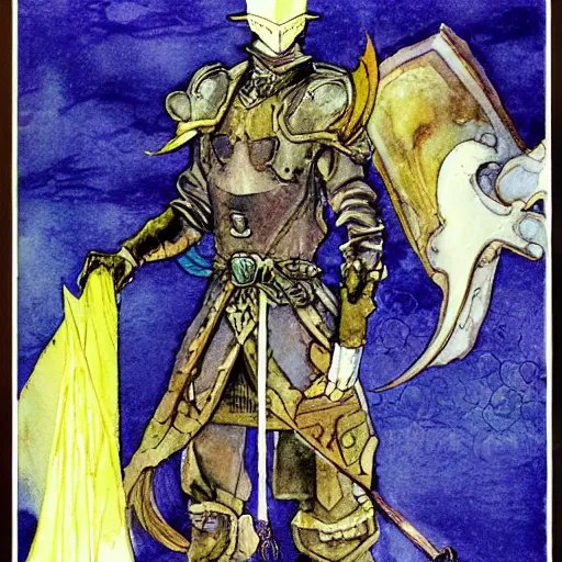 Prompt: watercolor, final fantasy tactics character, wearing plate armor, wearing helmet, faceless, shrouded, artwork by harry clarke, artwork by Clyde Caldwell