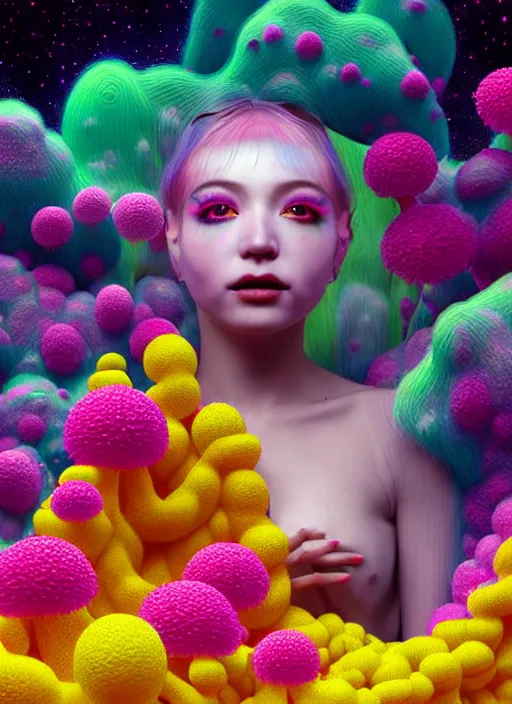 Image similar to hyper detailed 3d render like a Oil painting - kawaii Aurora (Singer) seen Eating of the Strangling network of colorful yellowcake and aerochrome and milky Fruit and Her delicate Hands hold of gossamer polyp blossoms bring iridescent fungal flowers whose spores black the foolish stars by Jacek Yerka, Mariusz Lewandowski, Houdini algorithmic generative render, Abstract brush strokes, Masterpiece, Edward Hopper and James Gilleard, Zdzislaw Beksinski, Mark Ryden, Wolfgang Lettl, hints of Yayoi Kasuma, octane render, 8k