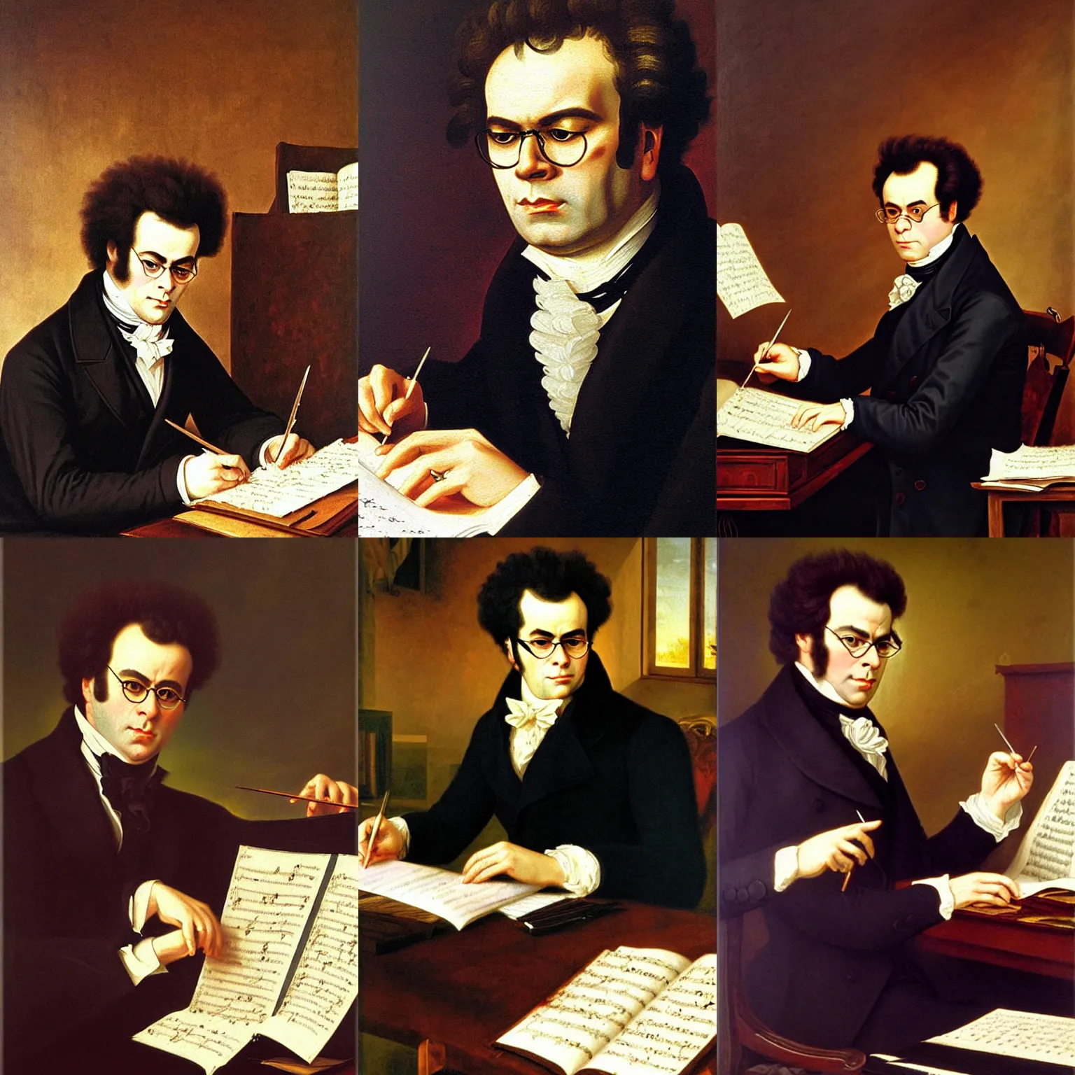 Prompt: franz schubert composing his new masterpiece, but he is a vampire and he's showing his long fangs, a very detailed oil painting, by josef kriehuber, classical oil painting, fine artstyle, from louvre, highly detailed, sharp foxus