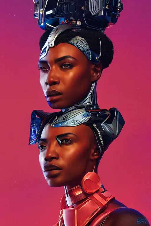 Prompt: portrait of the African Android Queen, by DC comics and Sandra Chevrier and beeple, artstation, volumetric lighting, hyperrealism, 4k UHD