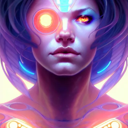 Image similar to cyborg, female, fantasy, bioluminiscence, flowing hair, portrait, highly detailed, digital painting, beautiful eyes, symmetry, concept art, sharp focus, illustration, art by artgerm and greg rutkowski and magali villeneuve and ilya kuvshinov! : : alphonse mucha : : - 0. 2