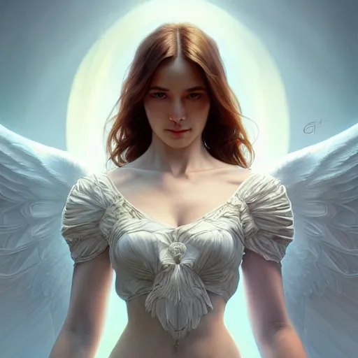 Image similar to wide angle full body portrait of an angel with a perfect face and perfect body, intricate, highly detailed, digital painting, artstation, concept art, smooth, sharp focus, illustration, Unreal Engine 5, 8K, art by artgerm and greg rutkowski and alphonse mucha