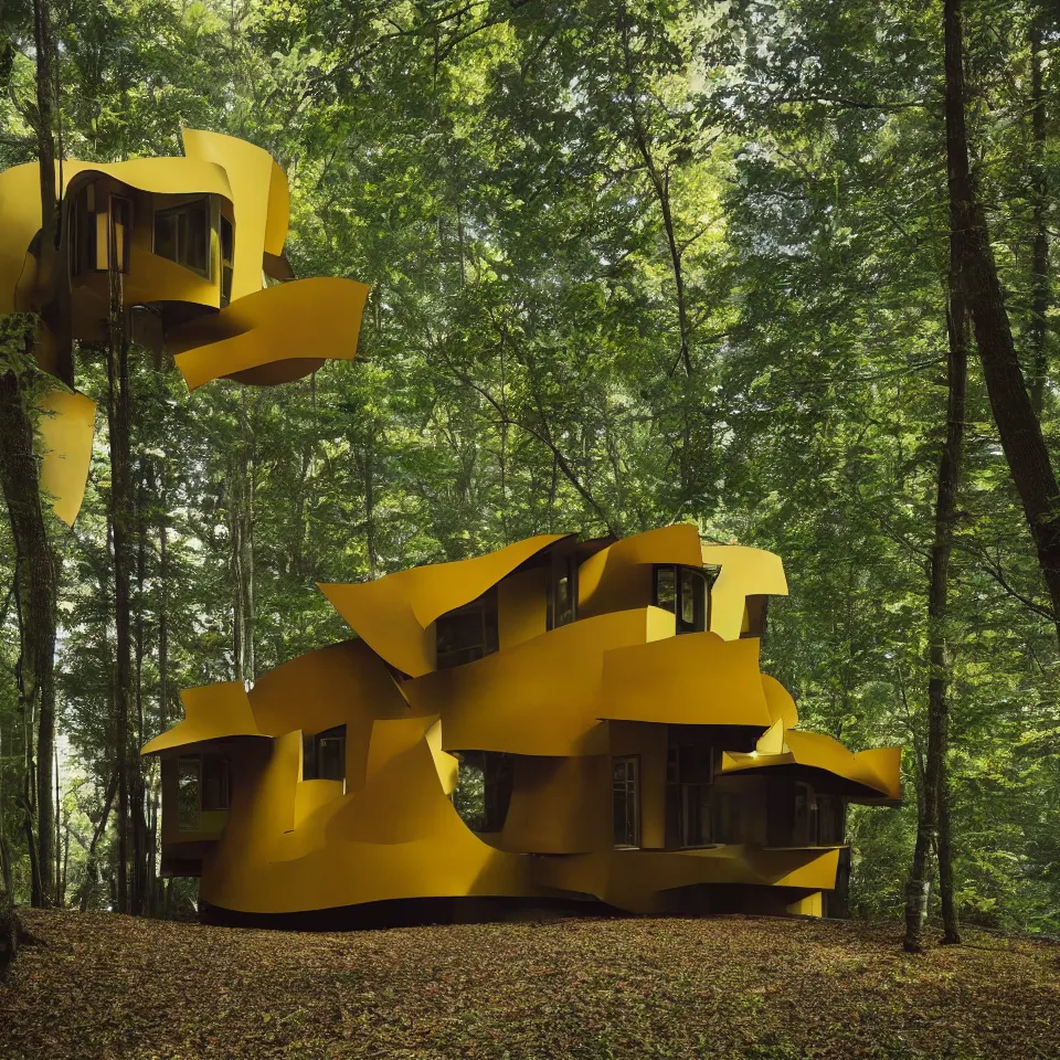 Image similar to architecture ad for a small mid-century modern house in the forest, designed by Frank Gehry. Film grain, cinematic, yellow hue