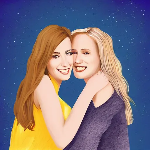 Image similar to two young beautiful blond women, smiling and hugging each other, digital art, illustration