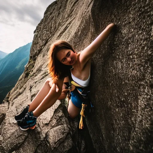 Image similar to beautiful girl climbing a mountain, dslr, natural lighting, clear features,