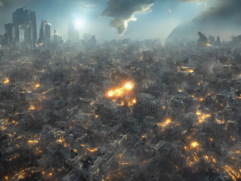 Prompt: city is being destroyed by a falling meteor, view from above, explosion, shreds, ruins, global illumination, hyperrealistic, volumetric lighting, epic cinematic shot, perfectly defined features, ambient occlusion