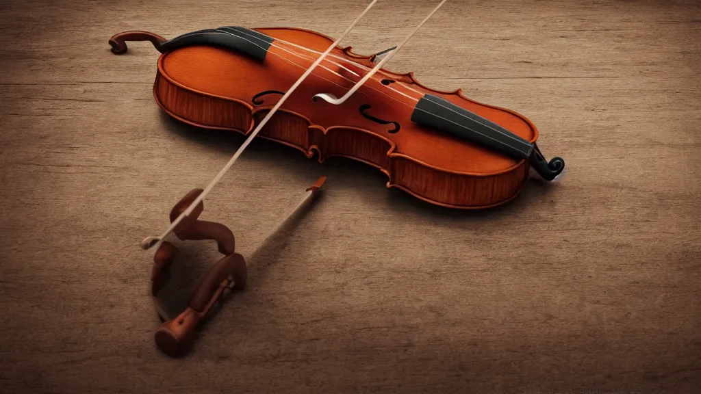 Image similar to a violin on an ancient wood table, 3/4 view, beautifull reflexions, detailed, photorealistic, octane render