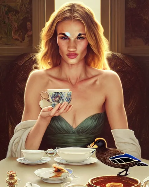 Image similar to Portrait of Rosie Huntington-Whitely & a mallard & a pig having tea at the Ritz, real life skin, intricate, elegant, highly detailed, artstation, concept art, smooth, sharp focus, art by artgerm and greg rutkowski and alphonse mucha