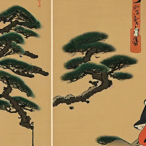 Image similar to koson ohara ukiyo - e of pine trees