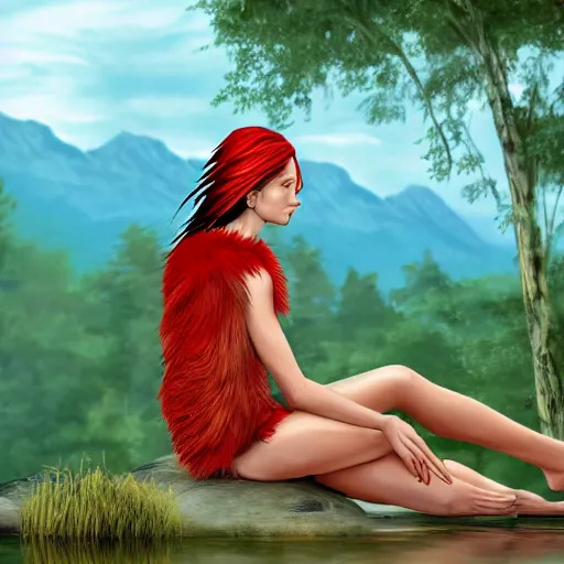 Prompt: Harpy, young woman, red feathered wings, bird legs, wearing Inka clothes, sad expression, sitting at a pond, mountainous area, trees in the background, comic style