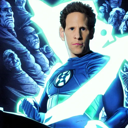 Image similar to glenn howerton as reed richards from the fantastic four, mr fantastic, blue suit, superhero, marvel