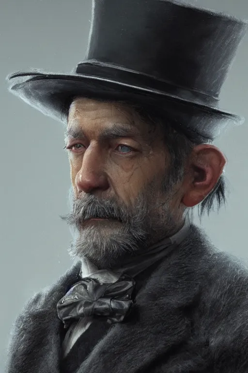 Image similar to A fancy portrait of a grey hair old halfling with stubble top hat and suit by Greg Rutkowski, Sung Choi, Mitchell Mohrhauser, Maciej Kuciara, Johnson Ting, Maxim Verehin, Peter Konig, Bloodborne, 8k photorealistic, cinematic lighting, HD, high details, dramatic, dark atmosphere, trending on artstation