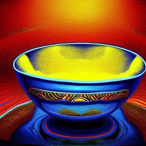 Image similar to boiling imagination in a bowl, ultra detailed, digital painting, dark blue, yellow, orange, red