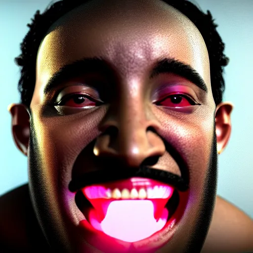 Image similar to a black man singing with all teeth shown ultra realistic, lens flare, atmosphere, glow, detailed, intricate, full of colour, cinematic lighting, trending on artstation, 4 k, hyperrealistic, focused, extreme details, unreal engine 5, cinematic, masterpiece, ultra realistic, hyper realistic, highly detailed, sharp focus, digital art