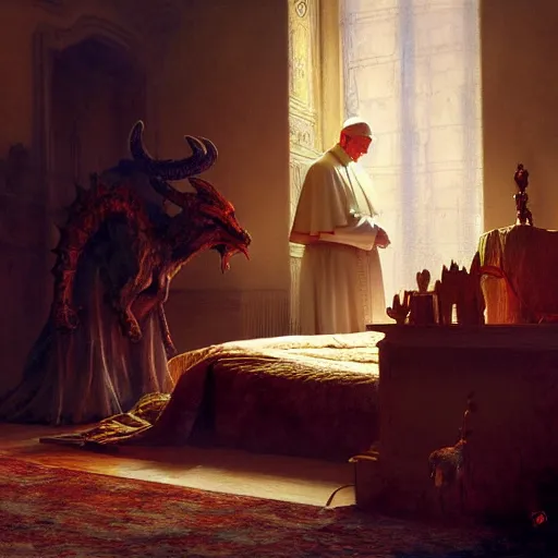 Image similar to the pope is in his bedroom, scared because a horned demon is attacking him. highly detailed painting by gaston bussiere, greg rutkowski, craig mullins 8 k