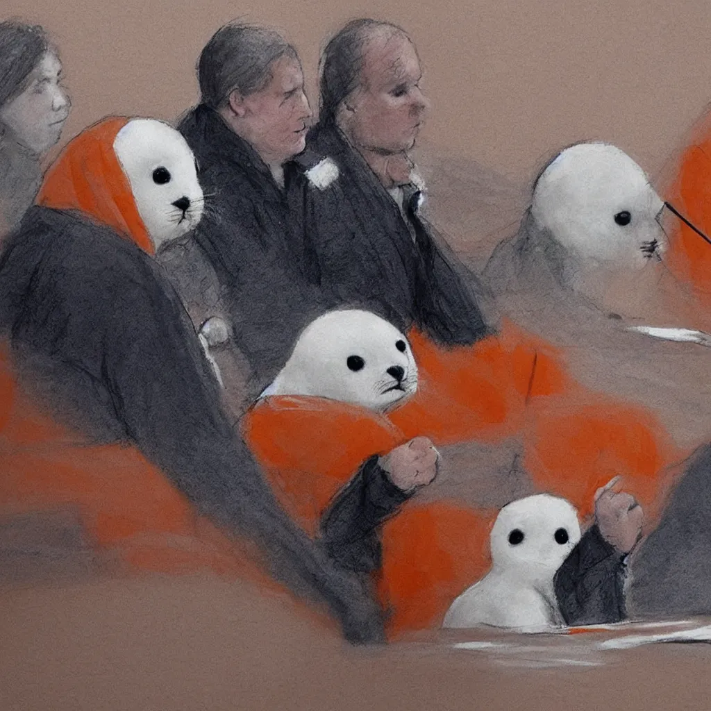 Image similar to a baby harp seal in an orange prisoner jumpsuit, dressed as a prisoner, sitting next to his lawyer in court, courtroom sketch