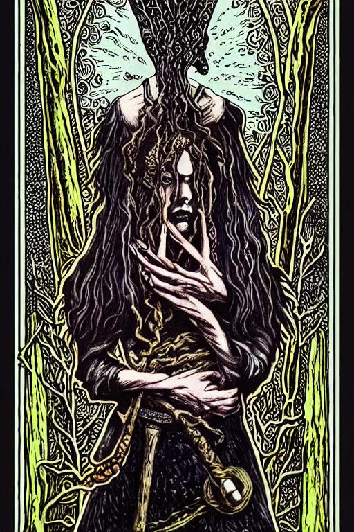 Image similar to dark fantasy, tarot card of the radie peat from the band lankum!!!!!, dark surrealist , fantasy, intricate, elegant, highly detailed, digital painting, artstation, concept art, smooth, sharp focus, illustration, art by Jim Fitzpatrick