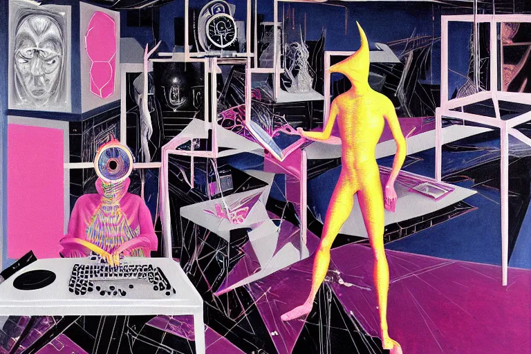 Image similar to a highly detailed beautiful masterpiece painting of a technomancer wizard in dazzle camouflage robes with pointed hood tampering with the world engine in his laboratory near a computer by Remedios Varo and Anato Finnstark and Greg Rutkowski and Andy Warhol and Francis Picabia, dayglo pink, dayglo blue, prismatic, pearlescent white, raven black, hyperrealism, 8k, trending on ArtStation