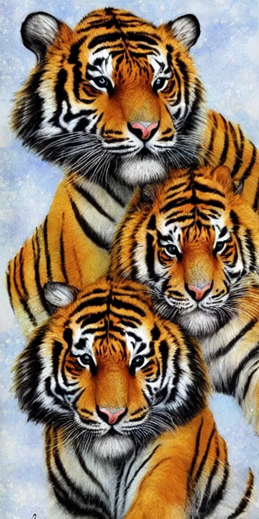 Image similar to sticker sheet, love, 2 beautiful siberian tigers, by tran nguyen, warm colors, cozy