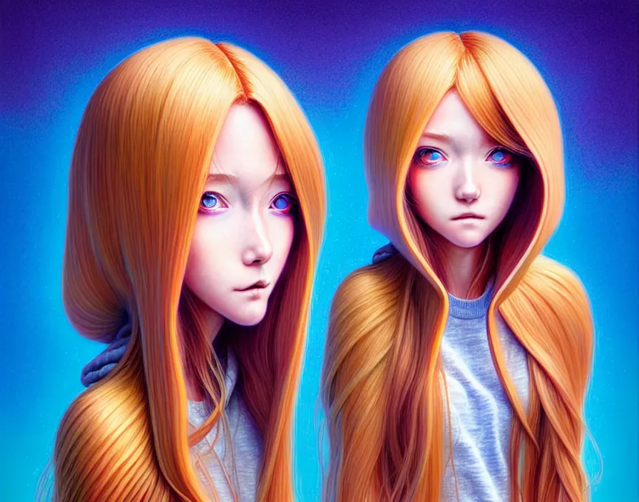 Image similar to richly detailed colored pencil 3D illustration of a singular beautiful woman with long metallic hair wearing a hoodie and short shorts, she staring at the camera happily. mirrored background with completely rendered reflections, art by Range Murata and Artgerm.