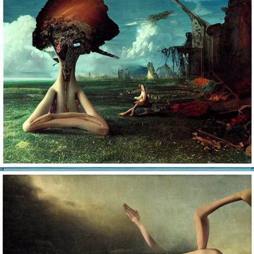 Prompt: the ego separates, psychedelic hyperrealistic surrealism, dreamscape, david friedrich, award winning masterpiece with incredible details, zhang kechun, a surreal vaporwave vaporwave vaporwave vaporwave vaporwave painting by thomas cole of a gigantic broken mannequin head sculpture in ruins, astronaut lost in liminal space, highly detailed, trending on artstation