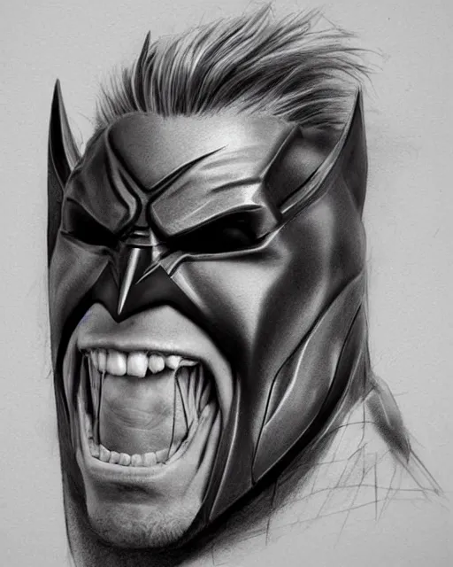 Prompt: a hyperrealistic portrait pencil sketch from a picture, of Gary Busey, teeth, dressed as Batman by Peter Mohrbacher, technical drawing, blueprint diagram, trending on artstation