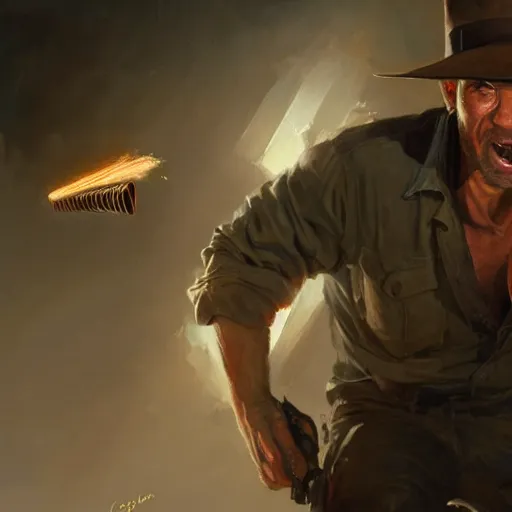 Prompt: close up indiana jones stealing a catalytic convertor, that is on a pedastal painted by greg rutkowski