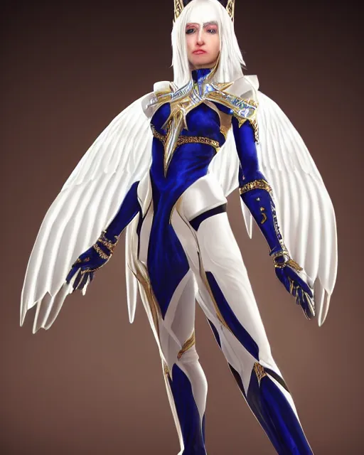 Image similar to perfect white haired egyptian goddess wearing white dove wings, warframe armor, regal, attractive, ornate, sultry, beautiful, ice queen, half asian, pretty face, blue eyes, detailed, scifi platform, 4 k, ultra realistic, volumetric lighting, illuminated, cinematic, masterpiece, art by akihito tsukushi, voidstar