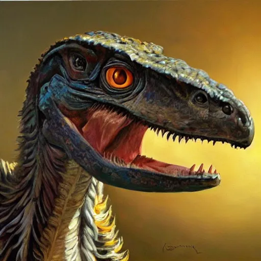 Image similar to oil painting of a velociraptor on canvas, by James gurney, realism, warm lighting, award winning, high detail, professional, volumetric lighting