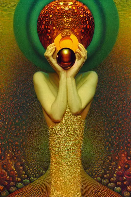 Image similar to art deco close up portait of mushroom head with big mouth surrounded by spheres, rain like a dream digital painting curvalinear clothing cinematic dramatic fluid lines otherworldly vaporwave interesting details epic composition by artgerm rutkowski moebius francis bacon gustav klimt