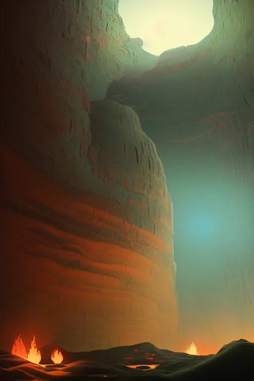 Image similar to Artwork by Beeple of the cinematic view of the Deadly Cave of Spirits, Infernal, Writings.