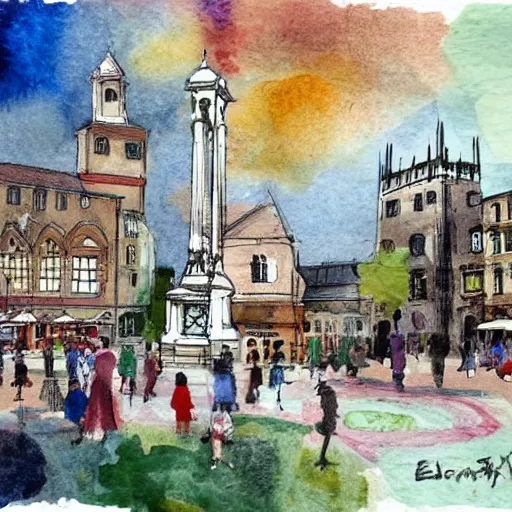 Prompt: town square with a market day, small white edwardian clocktower in background, water colour, illustration,