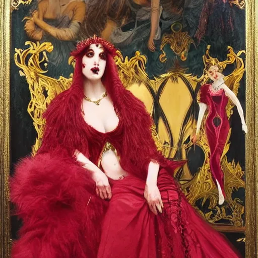 Image similar to an ultra - realistic portrait of a vampire queen in an ostentatiously beautiful blood red dress with gold trim and a long leg slit, 4 k, a masquerade ball in the background with other guests out of focus, sharp focus, detailed face, art by john collier and albert aublet and krenz cushart and artem demura and alphonse mucha