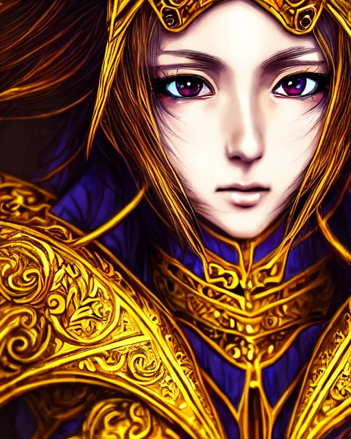 Prompt: anime style portrait of woman in shining golden armor, high production value, intricate details, high resolution, hdr, high definition, masterpiece, realistic, ultrarealistic, highly detailed, hd, sharp focus, non blurry, sharp, smooth