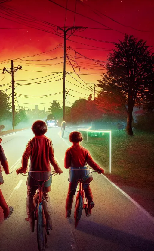 Image similar to stranger things inspired wallpaper, red ambience, at night, creepy over the street in the background, dynamic lighting, photorealistic fantasy concept art, trending on art station, stunning visuals, creative, cinematic, ultra detailed