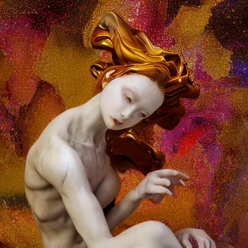 Image similar to Cinestill of A heartbreaking realistic 8k Bernini Sculpture of a stunning intricate cracked multicolored milky cosmic marble Evangelion Fallen Angel Devil Queen. sentient mycelium and misty xparticles. by Yoshitaka Amano, Daytoner, Greg Tocchini,. . Scattered golden flakes, Hyperrealism. Subsurface scattering. Octane Render. Weirdcore